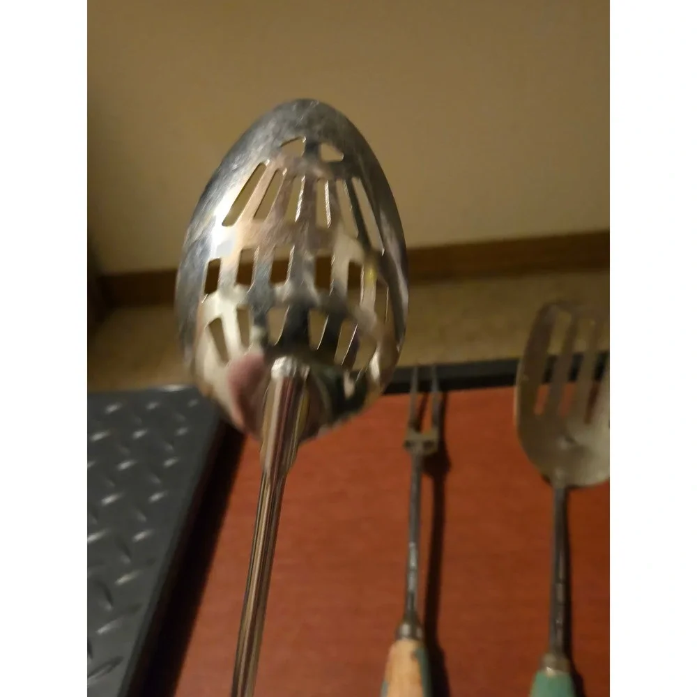 Vintage Chrome Kitchen Utensil Set 3pc Slotted Spoon Spatula Fork Wood Handle